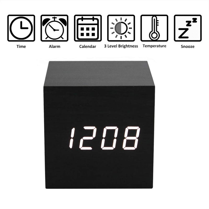 Lancoon Wooden Alarm Clock - Mini Cube LED Digital Clock with Time/Date/Temperature Display, 3 Levels Brightness and Voice Control Great for Home Office Travel - AC10Black_White - Image 2